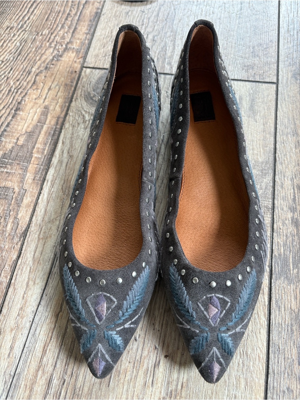 Frye Gray Studded Embroidered Pointy Suede Flats Size 6.5